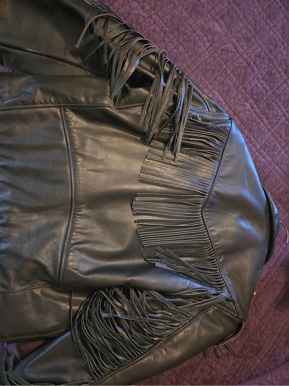 Womens Black Leather Fringe Biker Jacket - Classic Moto Style - Picture 4 of 6